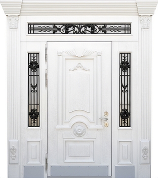 Входная парадная группа с терморазрывом, капителями, ковкой, стеклом и отбойниками (белый МДФ с резьбой) Входная парадная группа с терморазрывом, капителями, ковкой, стеклом и отбойниками (белый МДФ с резьбой)