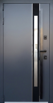 Входная термодверь с узким стеклом, бугельной ручкой и серой полимерной покраской Входная термодверь с узким стеклом, бугельной ручкой и серой полимерной покраской