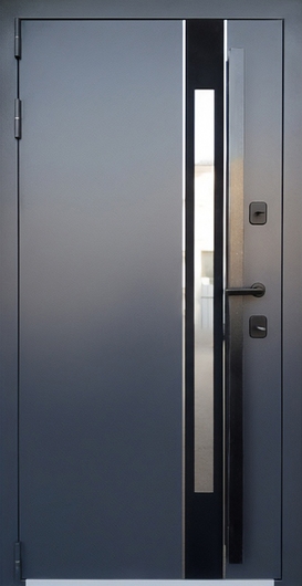 Входная термодверь с узким стеклом, бугельной ручкой и серой полимерной покраской Входная термодверь с узким стеклом, бугельной ручкой и серой полимерной покраской